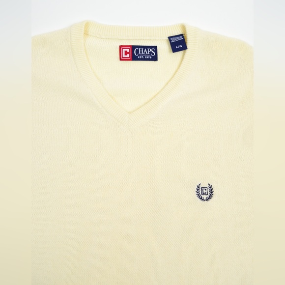Chaps Sweater V-Neck Cream Classic Embroidered Logo Y2K Relaxed Fit Men’s Large - Picture 4 of 7